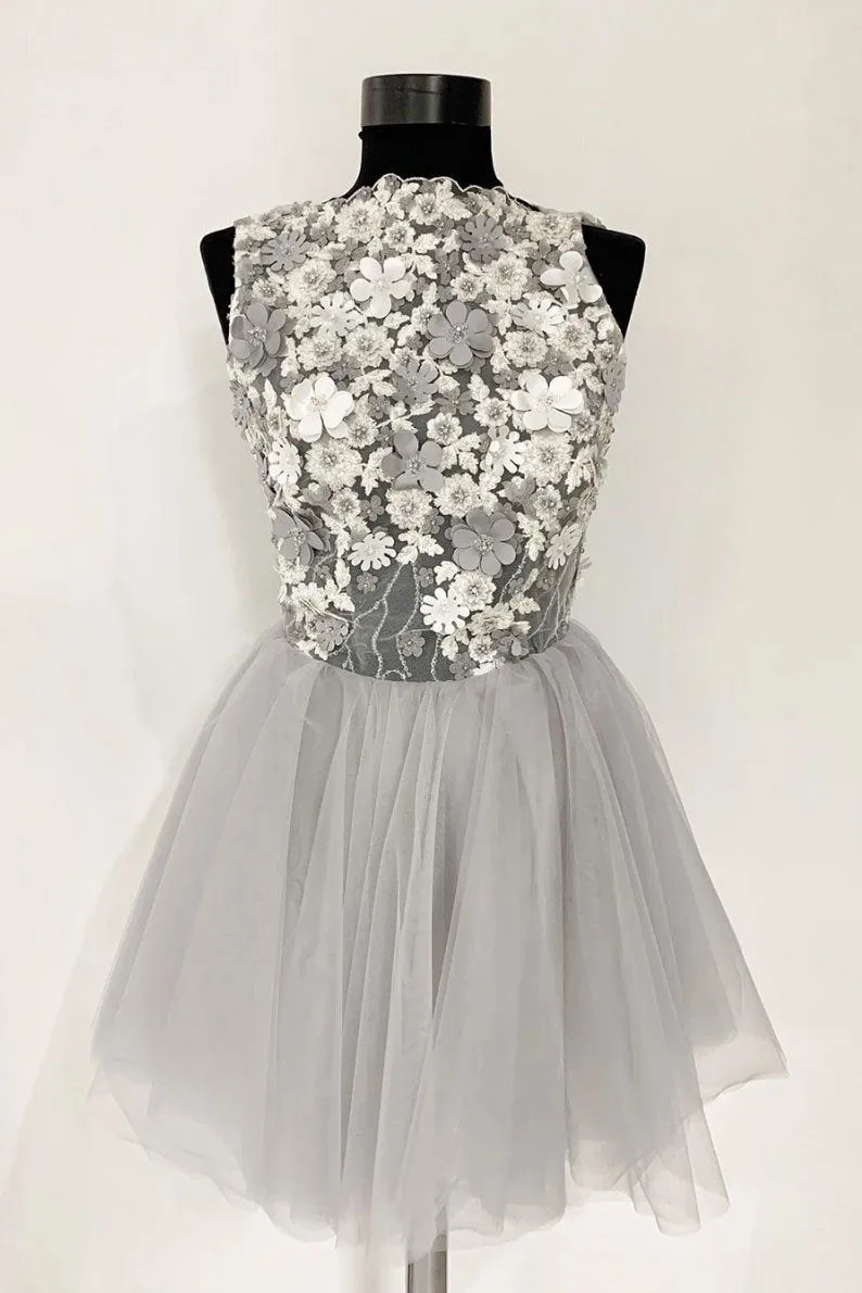 Gray Tulle Lace Short Prom Dresses, A Line Flowers Homecoming Dress OKP44
