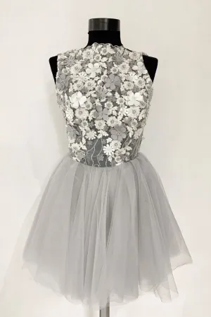 Gray Tulle Lace Short Prom Dresses, A Line Flowers Homecoming Dress OKP44