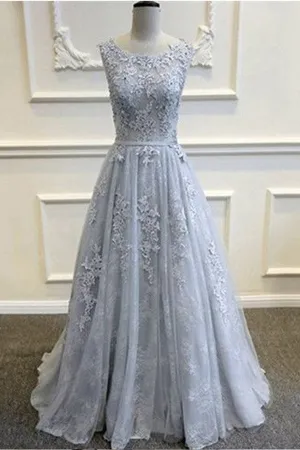 Gray V-Back Tulle Prom Dresses With Lace Appliques,Party Prom Dress,Evening Dresses,SVD372