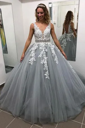 Gray V Neck Long Prom Dresses for Teens, Puffy Appliqued Ball Gown with Beading OKH75