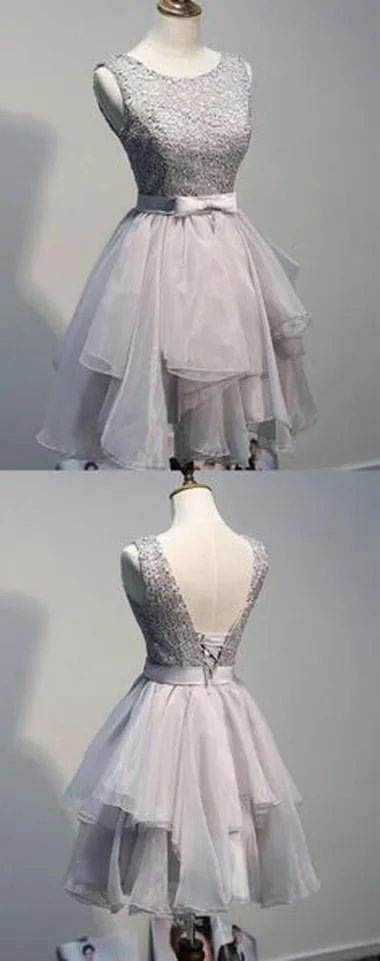 Grey Off shoulder Tulle Lace up Homecoming Dress, Short Prom Dresses, SH387
