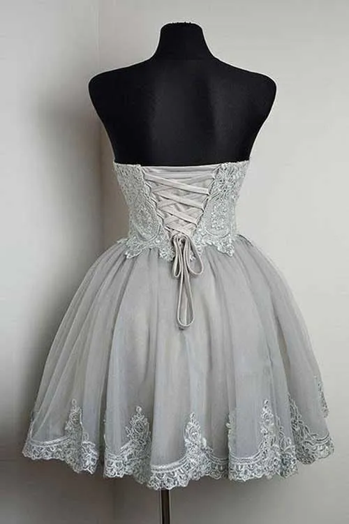 Grey Strapless Sweetheart Neck Homecoming Dresses Lace Appliqued Short Prom Dress, SH304