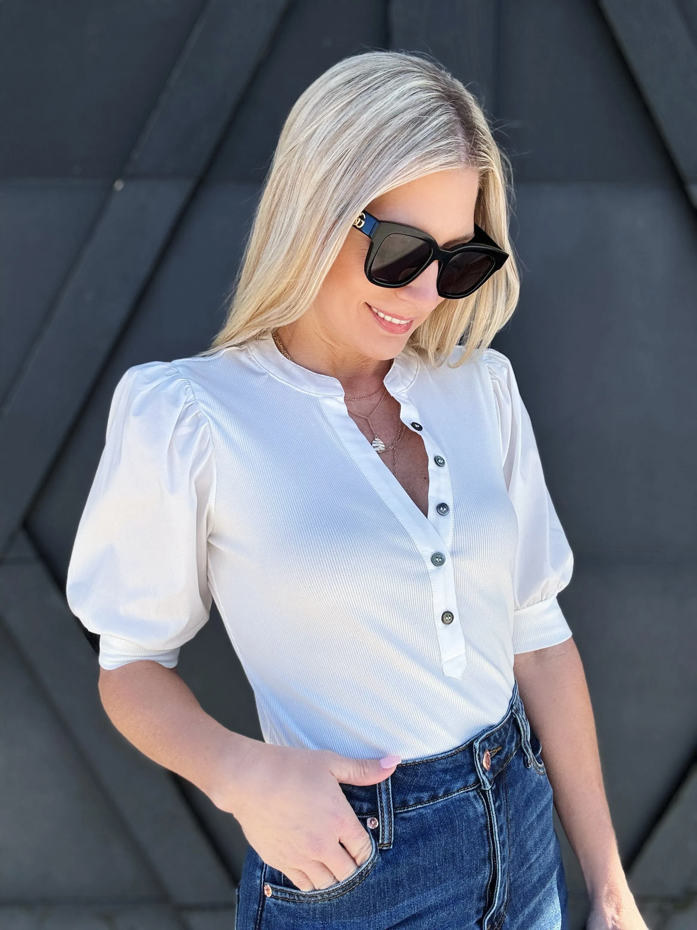 Half Button Short Sleeve Top In Off White
