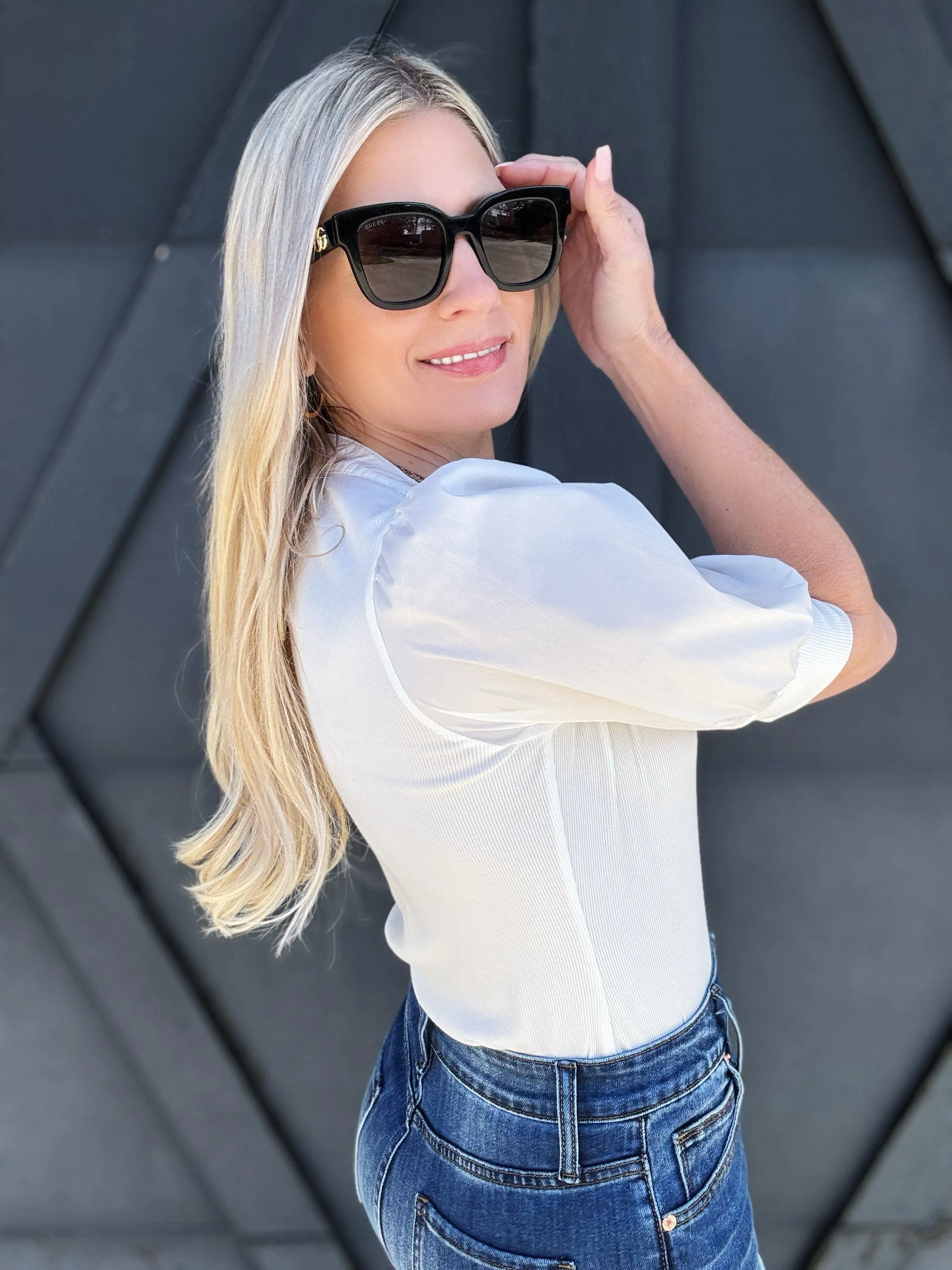 Half Button Short Sleeve Top In Off White