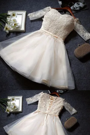 Half Sleeve A Line Lace Short Prom Dresses,Tulle Homecoming Dresses OK407