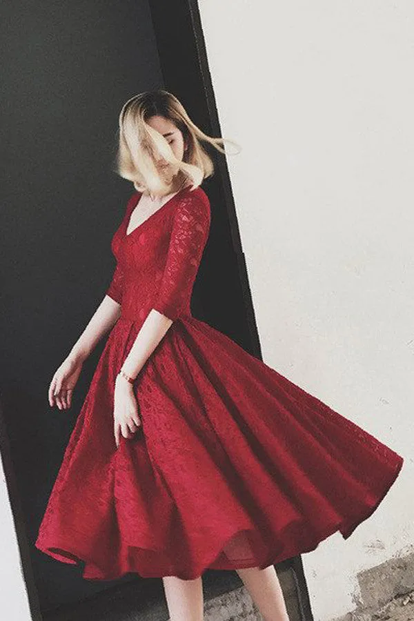 Half Sleeves Burgundy  Homecoming Dress With Lace V Neck Short Prom Dress SH62