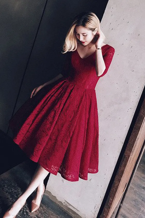 Half Sleeves Burgundy  Homecoming Dress With Lace V Neck Short Prom Dress SH62