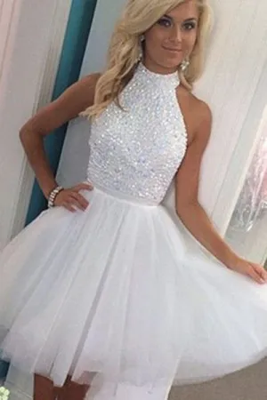 Halter A Line Sexy Open Back White Tulle Beaded Short Homecoming/Prom Dress OK289