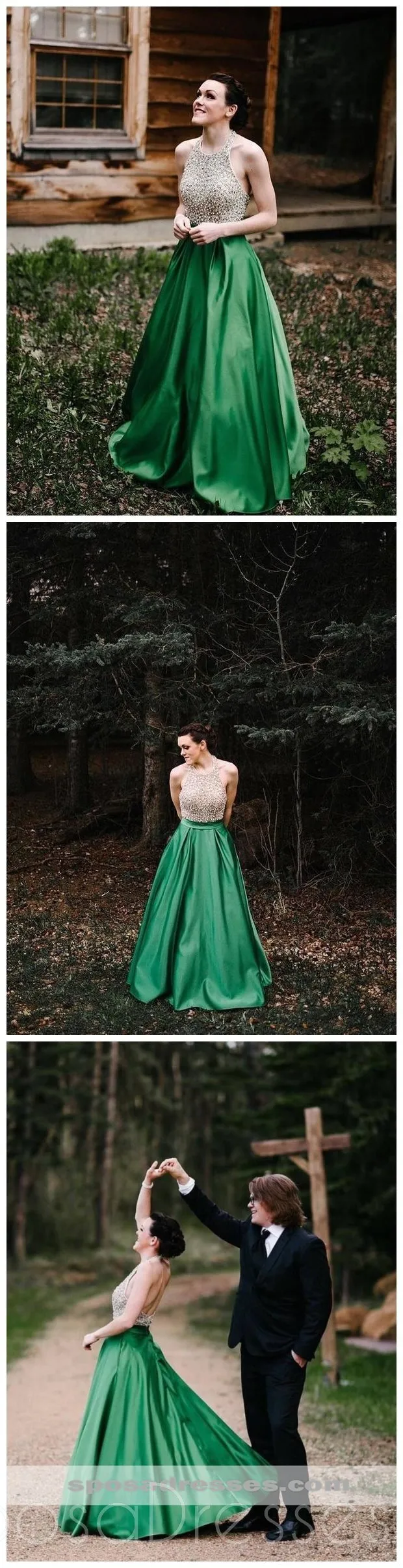 Halter Beaded Green Skirt A-line Long Evening Prom Dresses, Cheap Sweet 16 Dresses, 18310