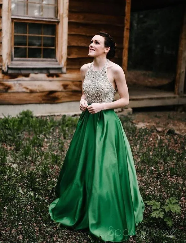 Halter Beaded Green Skirt A-line Long Evening Prom Dresses, Cheap Sweet 16 Dresses, 18310