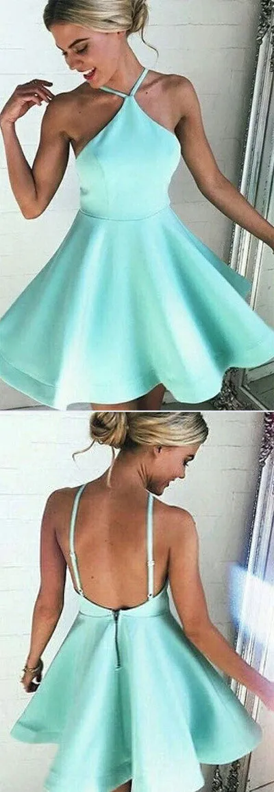 Halter Neckline Backless A-Line Short Prom Dress,Satin Homecoming Dress,SH100