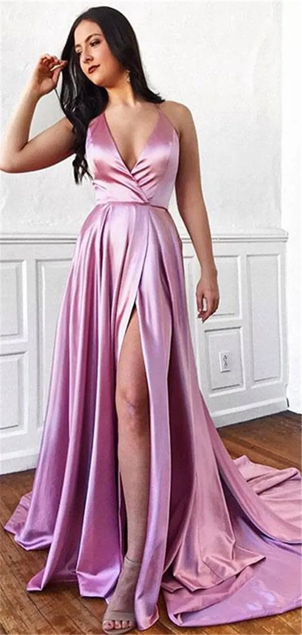 Halter Pink V-neck Long Train Prom Dress With Splits, PD0732