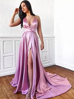 Halter Pink V-neck Long Train Prom Dress With Splits, PD0732