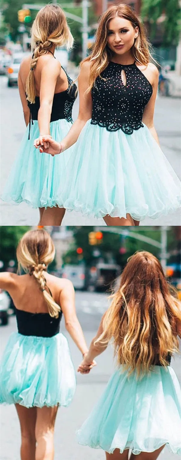 Halter Sleeveless Beading Top Short Tulle Homecoming Dresses, HD0546