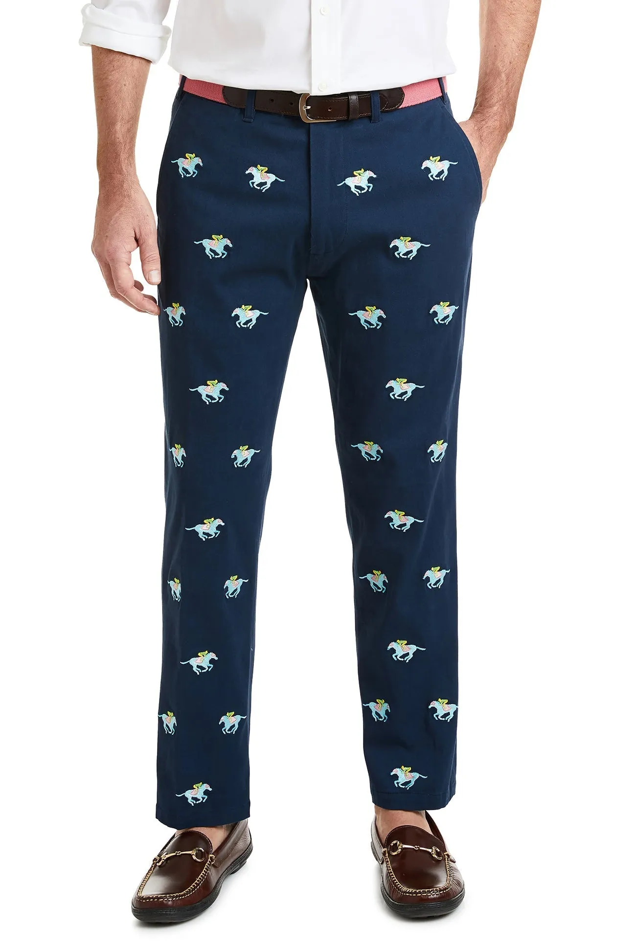 Harbor Pant Stretch Twill Nantucket Navy with Pastel Racing Horses
