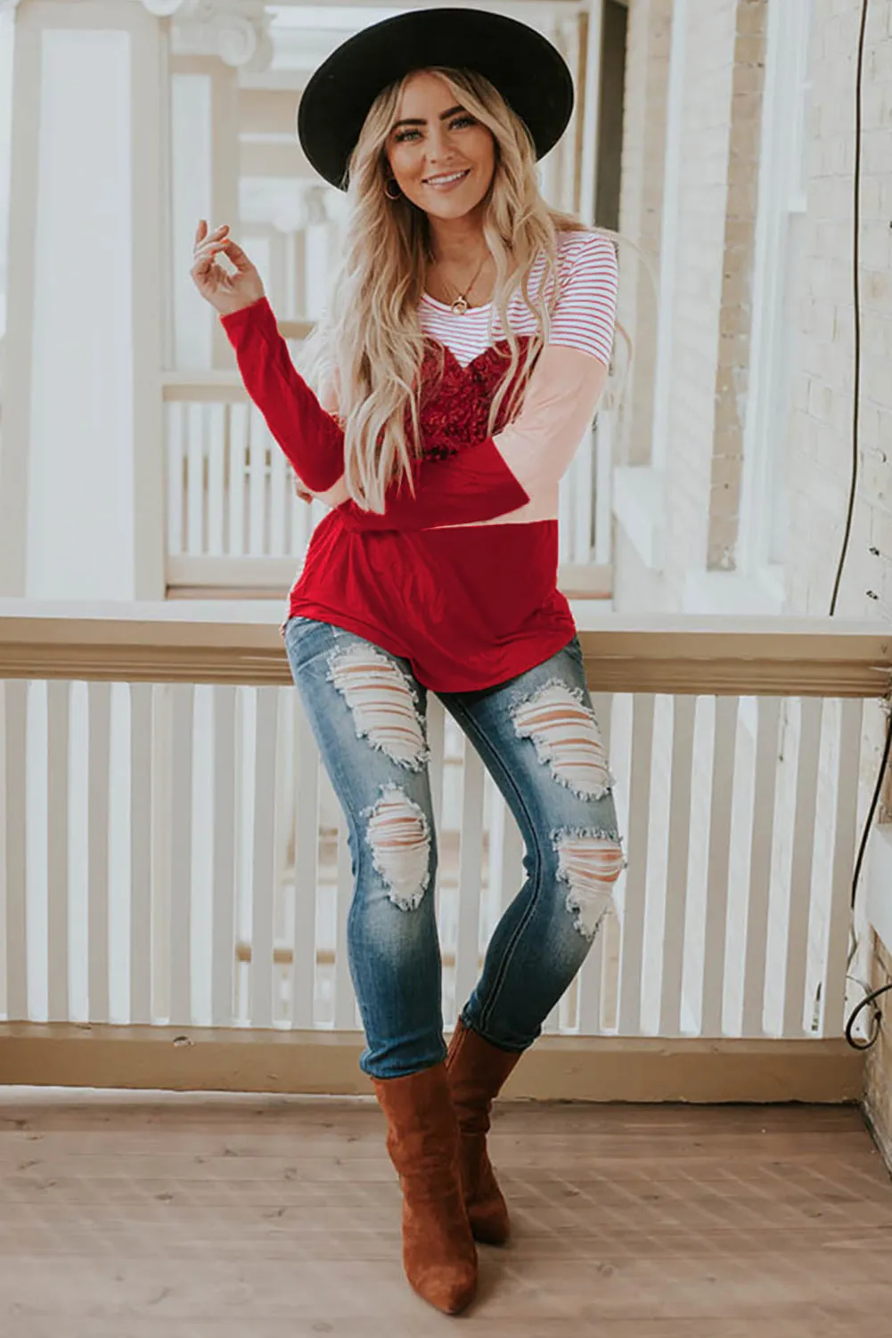 Heart Sequins Striped Long Sleeve Top