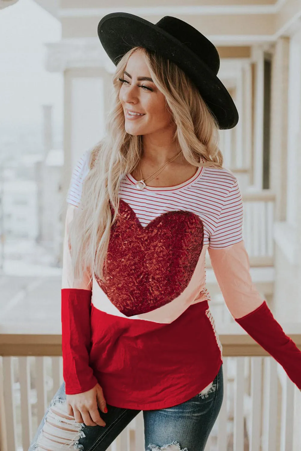 Heart Sequins Striped Long Sleeve Top