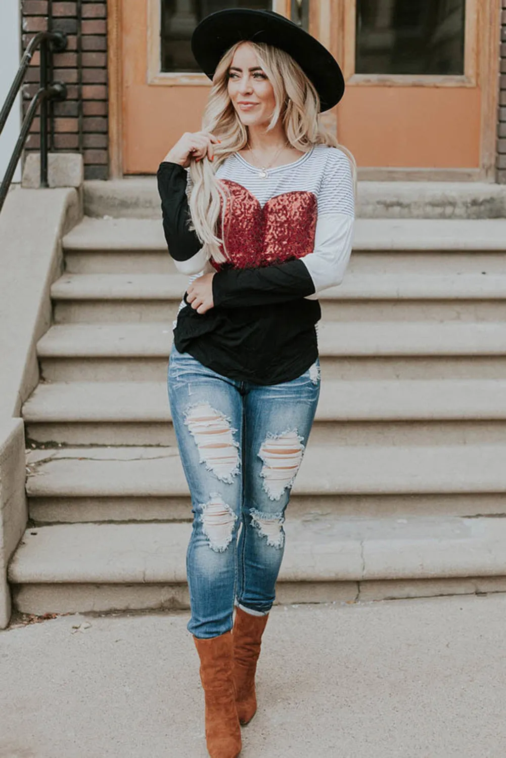 Heart Sequins Striped Long Sleeve Top
