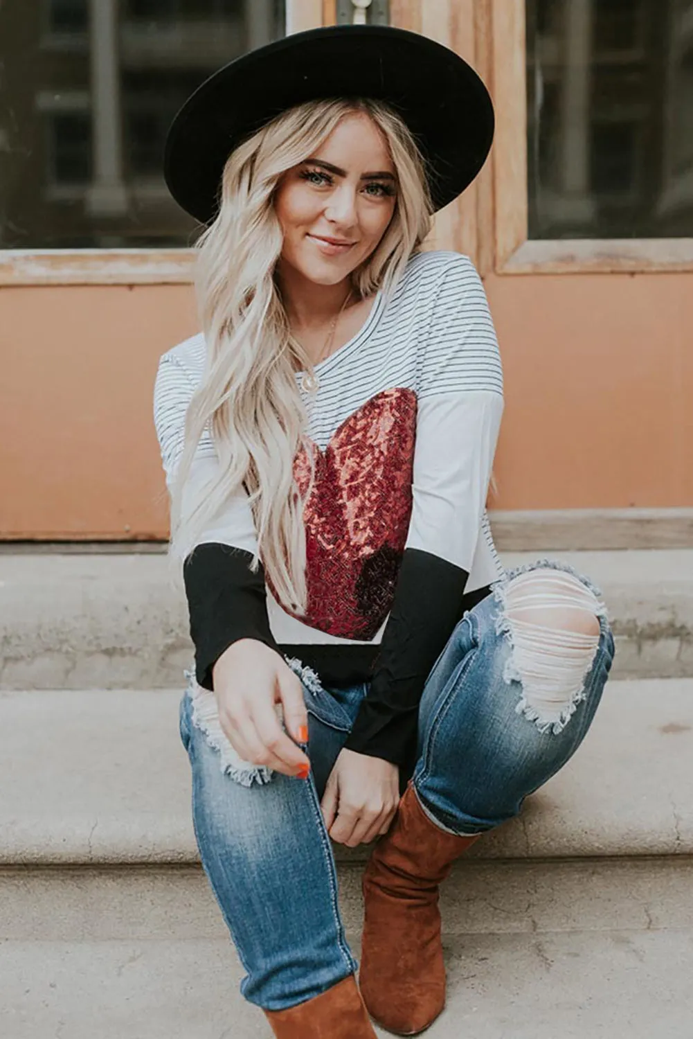 Heart Sequins Striped Long Sleeve Top