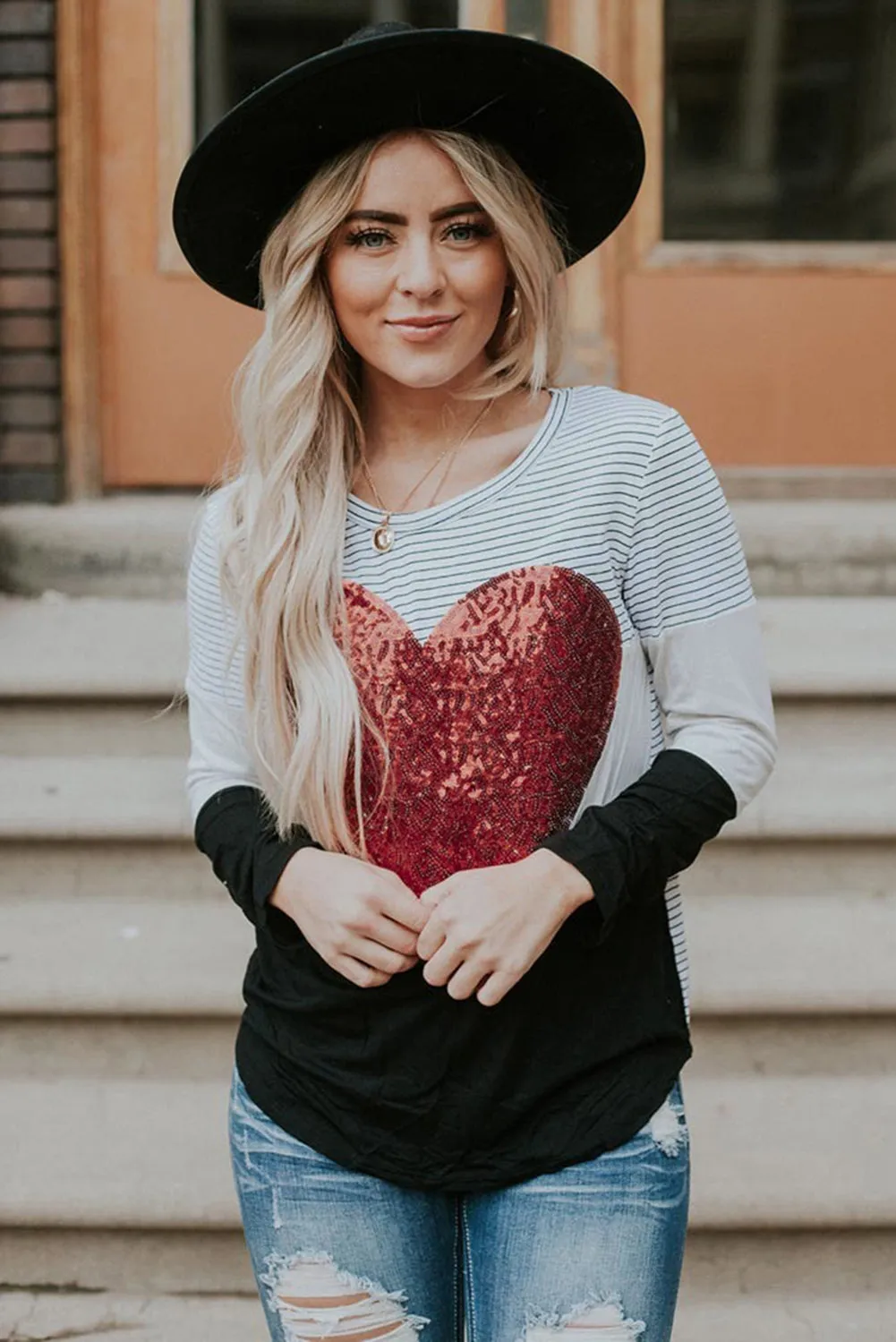 Heart Sequins Striped Long Sleeve Top