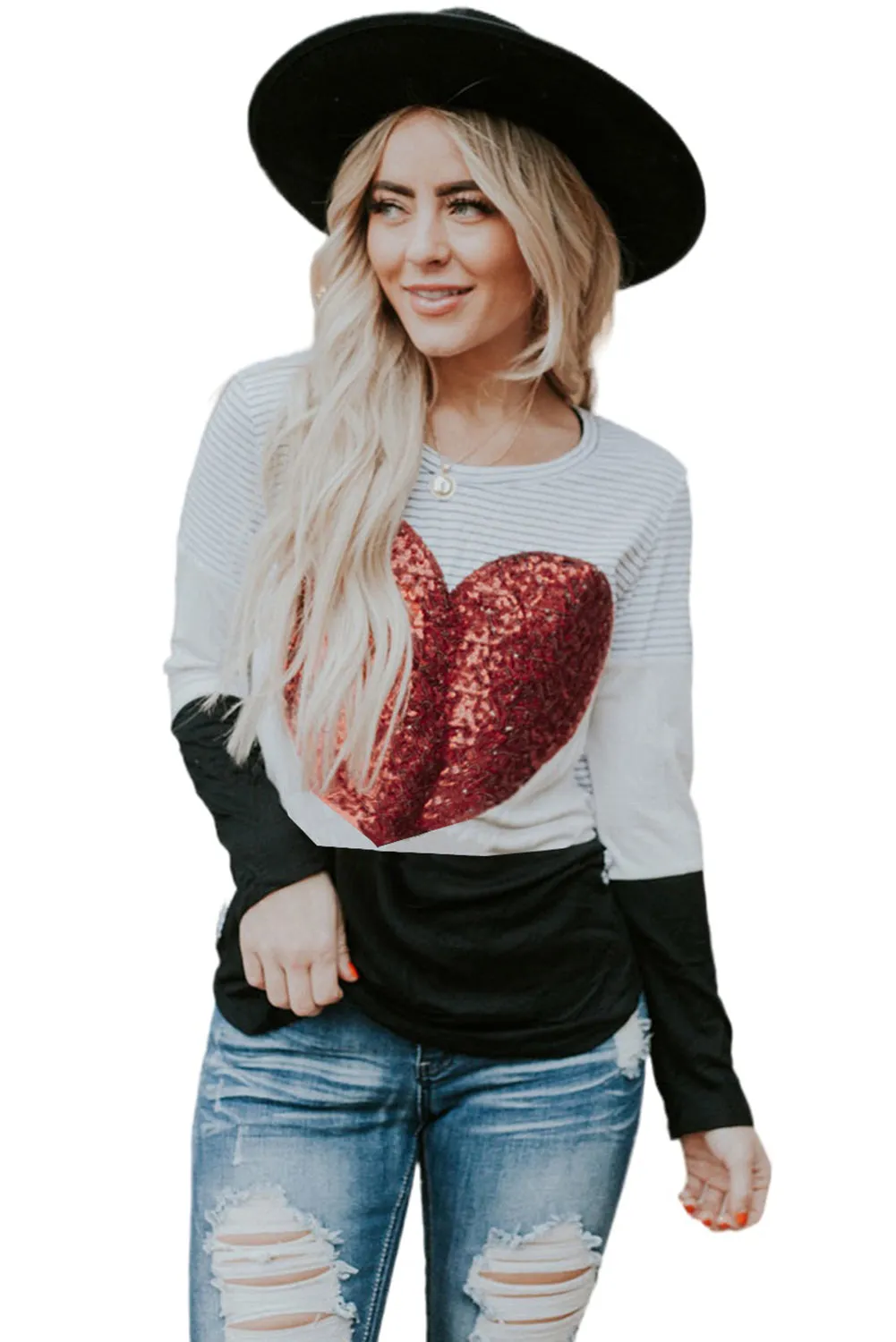 Heart Sequins Striped Long Sleeve Top