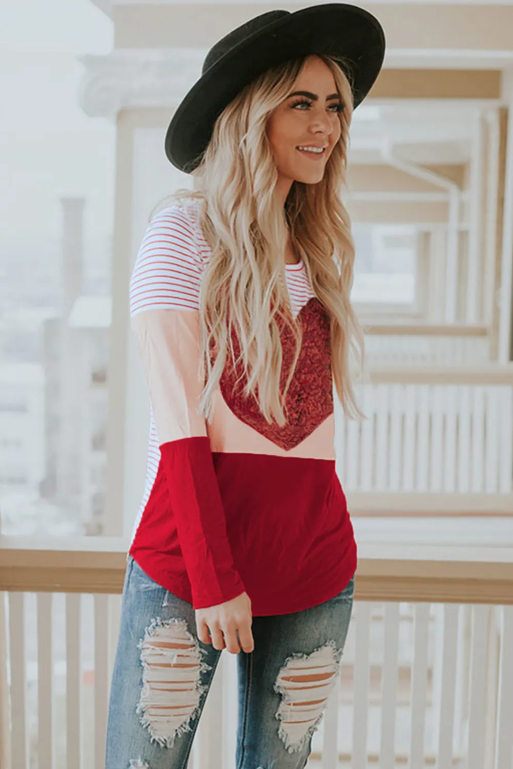 Heart Sequins Striped Long Sleeve Top