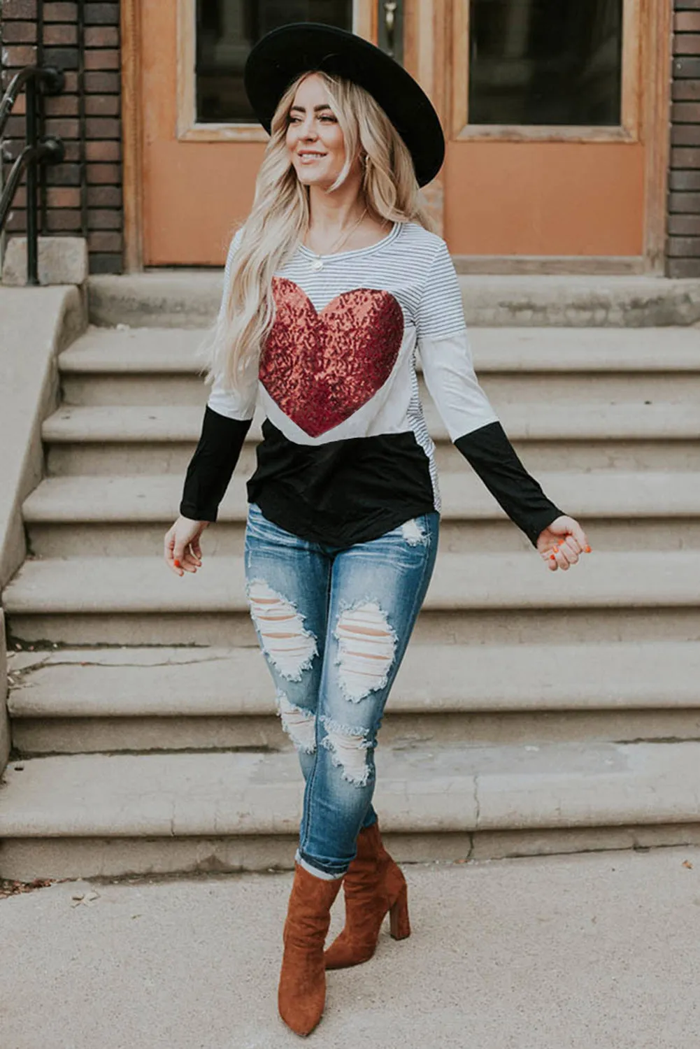 Heart Sequins Striped Long Sleeve Top