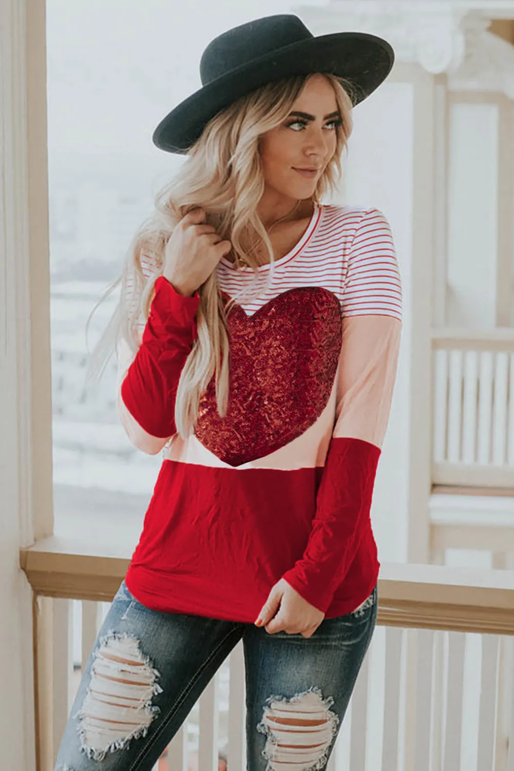 Heart Sequins Striped Long Sleeve Top