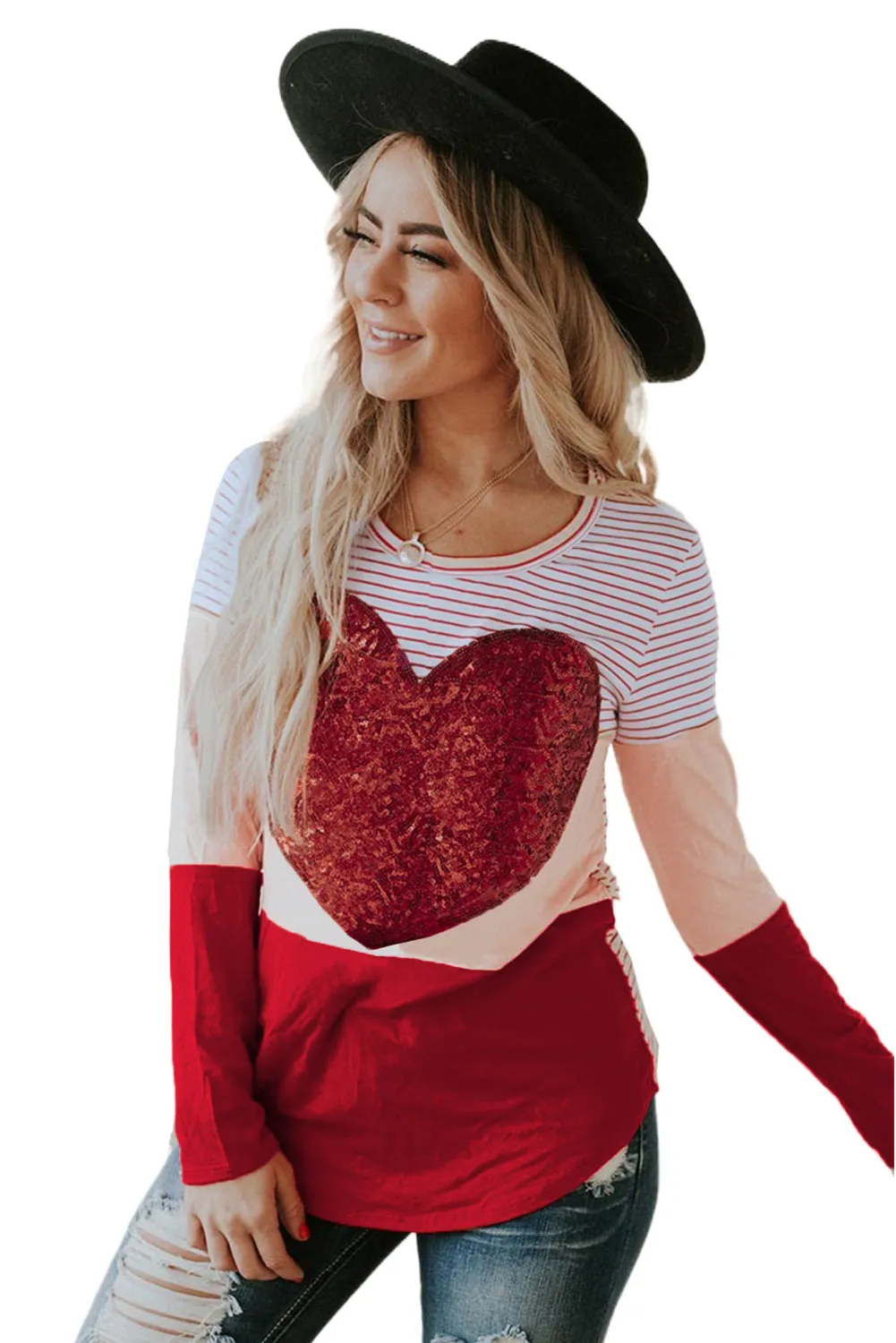 Heart Sequins Striped Long Sleeve Top