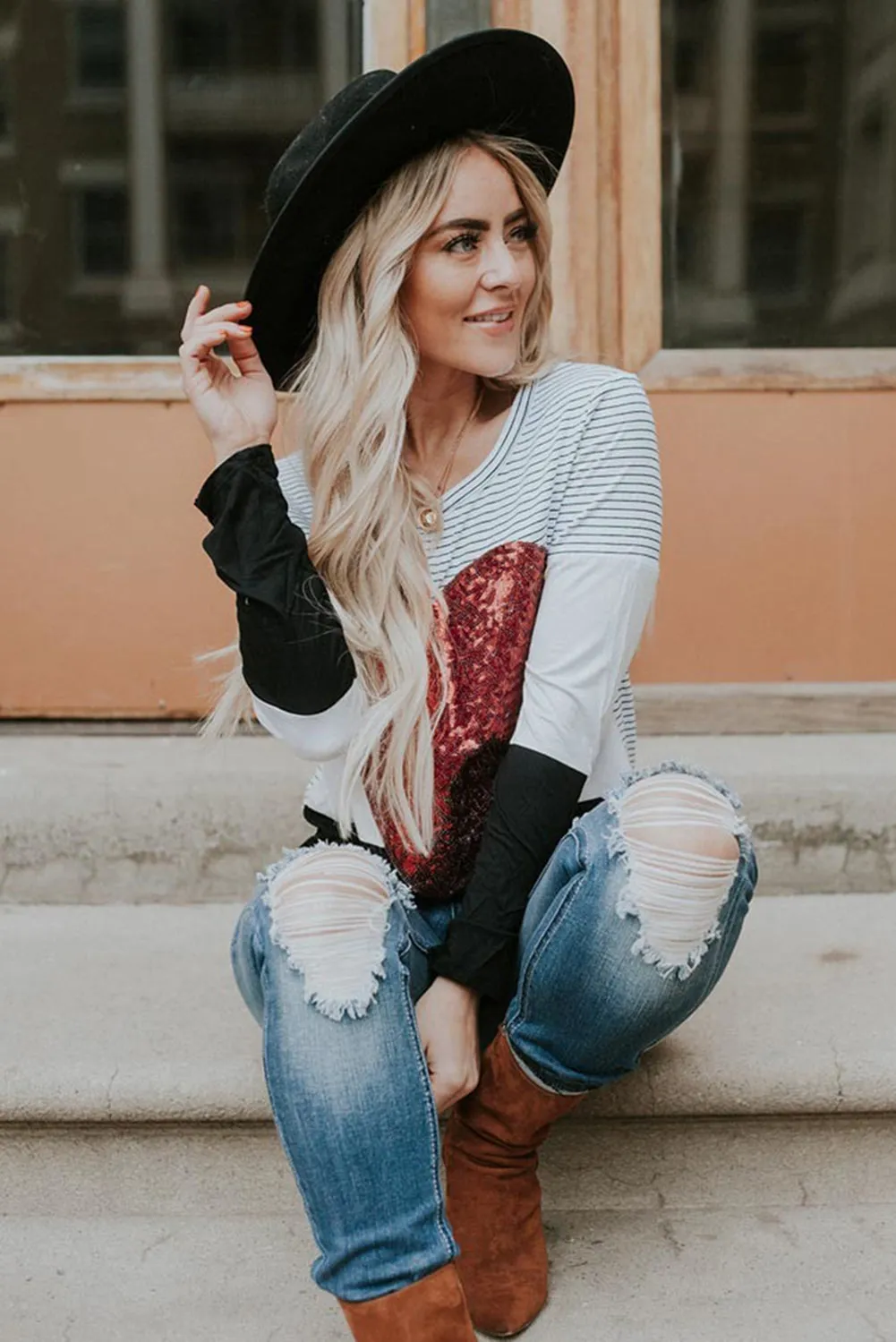 Heart Sequins Striped Long Sleeve Top