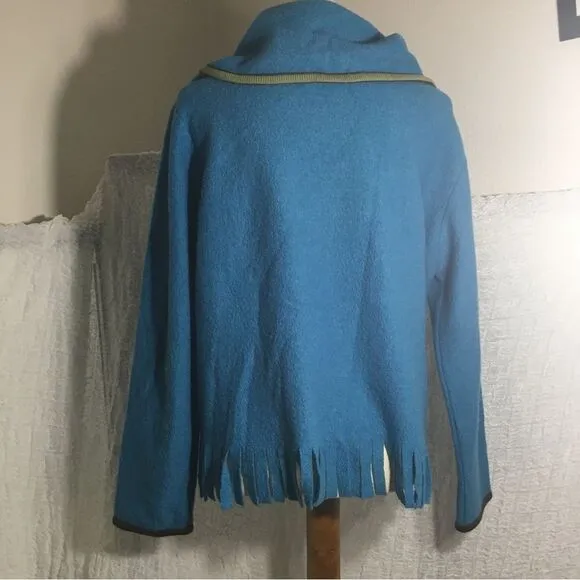 Hearts of Palm 100% Wool Blue Fringed Sweater Size Large