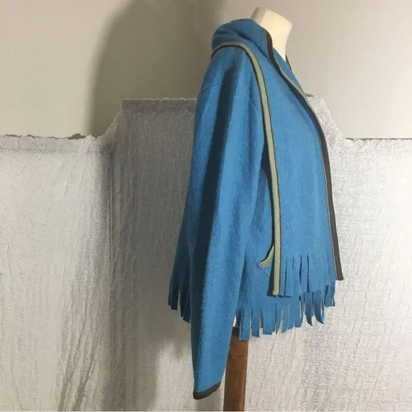 Hearts of Palm 100% Wool Blue Fringed Sweater Size Large