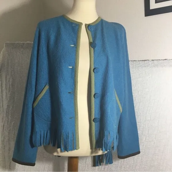Hearts of Palm 100% Wool Blue Fringed Sweater Size Large