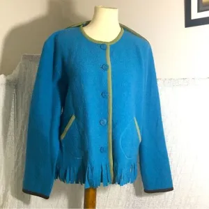 Hearts of Palm 100% Wool Blue Fringed Sweater Size Large