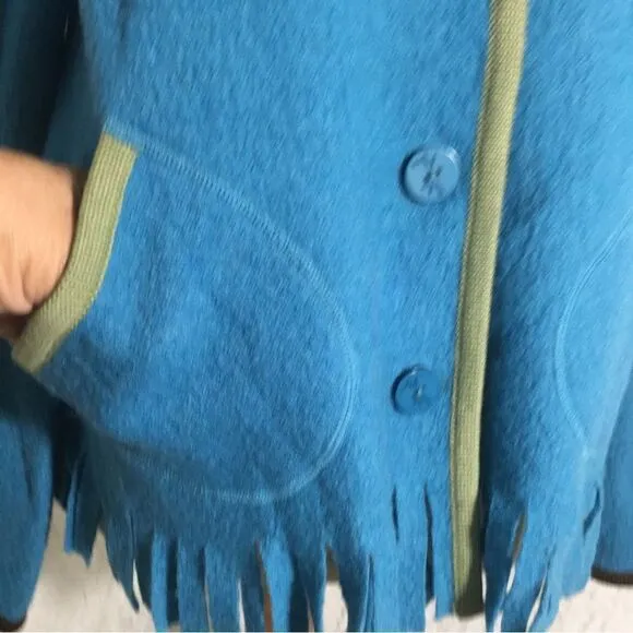 Hearts of Palm 100% Wool Blue Fringed Sweater Size Large