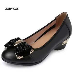 HOT 2025 New Spring Rhinestone Bow Women Fashion Shoes Single Comfortable Soft Genuine Leather Shoes Mid Heel Sandals Plus Size