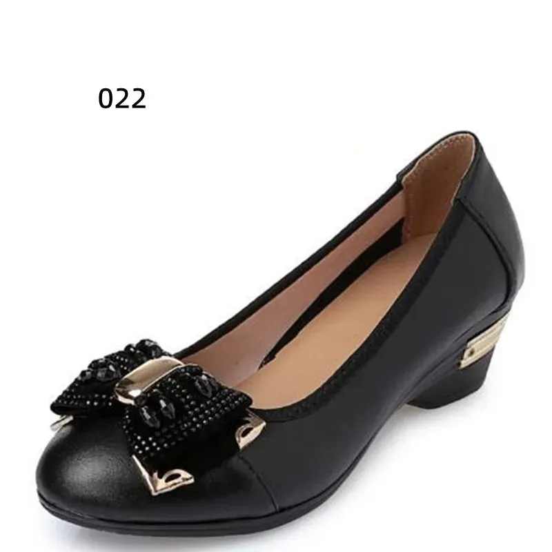 HOT 2025 New Spring Rhinestone Bow Women Fashion Shoes Single Comfortable Soft Genuine Leather Shoes Mid Heel Sandals Plus Size