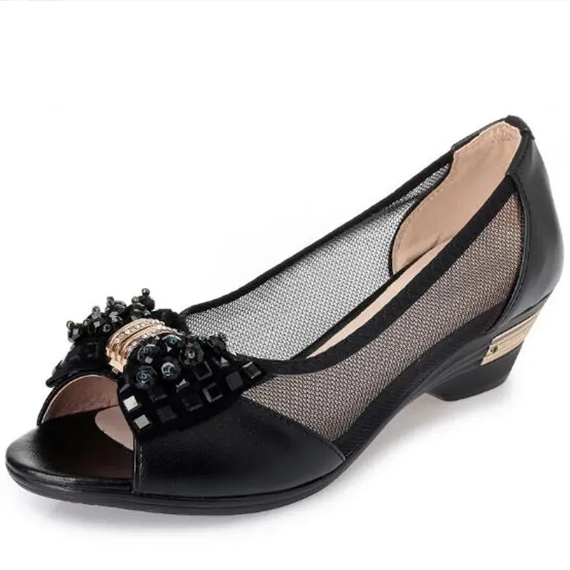 HOT 2025 New Spring Rhinestone Bow Women Fashion Shoes Single Comfortable Soft Genuine Leather Shoes Mid Heel Sandals Plus Size