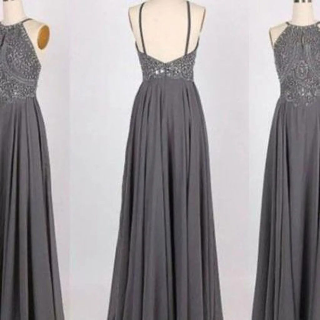 Hot Selling A-Line Prom Dress,Halter Gray Backless Prom Gown,Long Beading Prom Dress,Gray Evening Dress , PDY0180