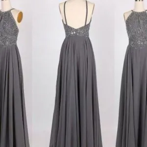 Hot Selling A-Line Prom Dress,Halter Gray Backless Prom Gown,Long Beading Prom Dress,Gray Evening Dress , PDY0180