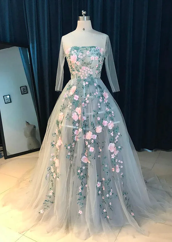 Hot selling A-line round neck Appliques Tail evening dresses, Ivory tulle long prom dresses, PD0518