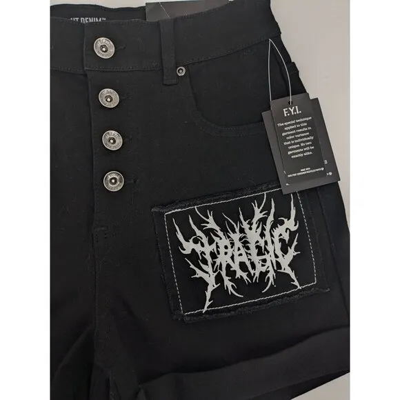 Hot Topic Denim Shorts Women Size 1 Patchwork Winged Skull &amp; Chain Goth Festival
