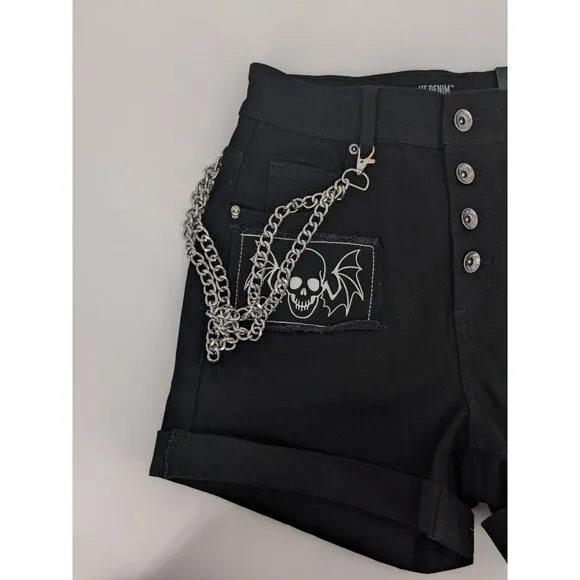 Hot Topic Denim Shorts Women Size 1 Patchwork Winged Skull &amp; Chain Goth Festival