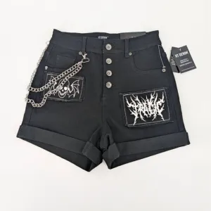 Hot Topic Denim Shorts Women Size 1 Patchwork Winged Skull &amp; Chain Goth Festival
