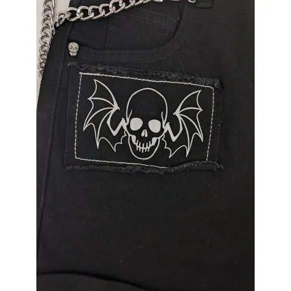 Hot Topic Denim Shorts Women Size 1 Patchwork Winged Skull &amp; Chain Goth Festival