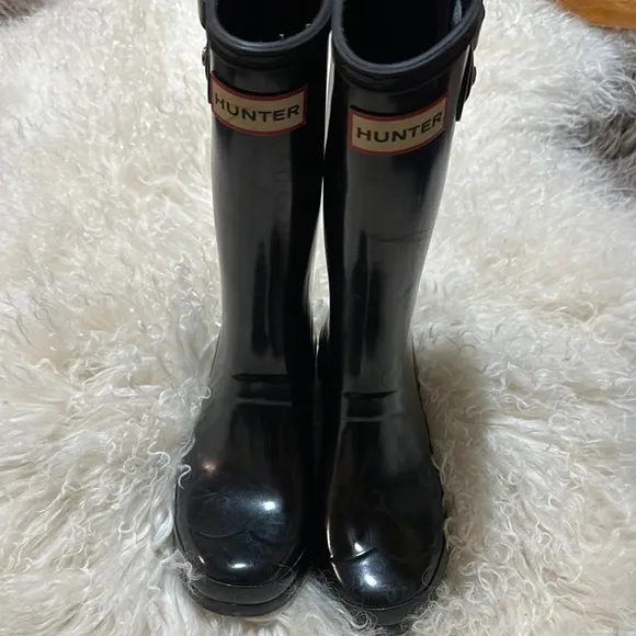 Hunter Orginal Gloss Wellington Black Rain Boots Girls Size 4 EUC