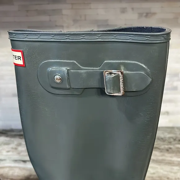 Hunter Originals Glossy Military Gray Tall Rubber Rain Boots, Side Buckle, UK