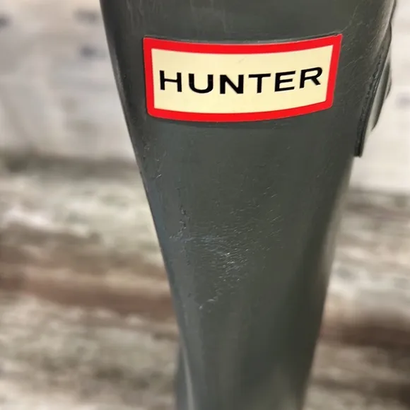 Hunter Originals Glossy Military Gray Tall Rubber Rain Boots, Side Buckle, UK
