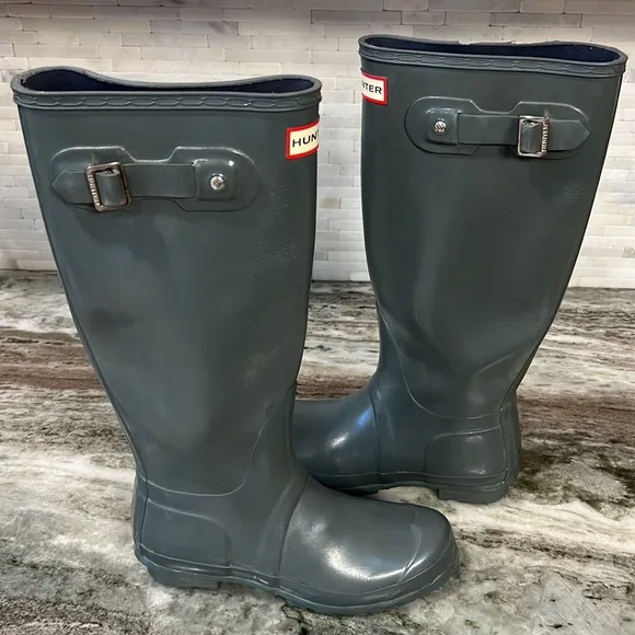 Hunter Originals Glossy Military Gray Tall Rubber Rain Boots, Side Buckle, UK
