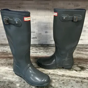 Hunter Originals Glossy Military Gray Tall Rubber Rain Boots, Side Buckle, UK